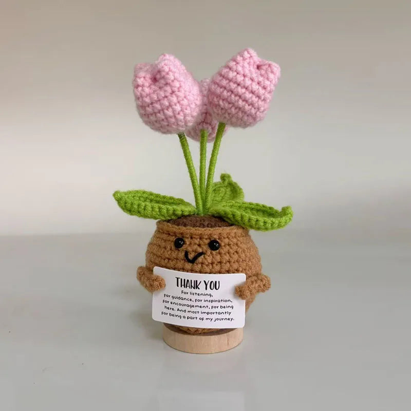 Crochet Flower Artificial Tulip Potted Finished Hand Woven Plants Knitted Sunflower Wedding Gift for Guests Home Decoration
