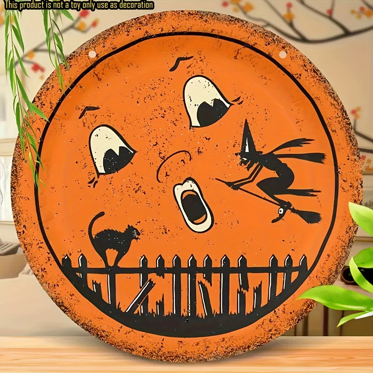 flat Halloween round wooden sign - ghost witch, black cat and full moon - Halloween decoration, no power required