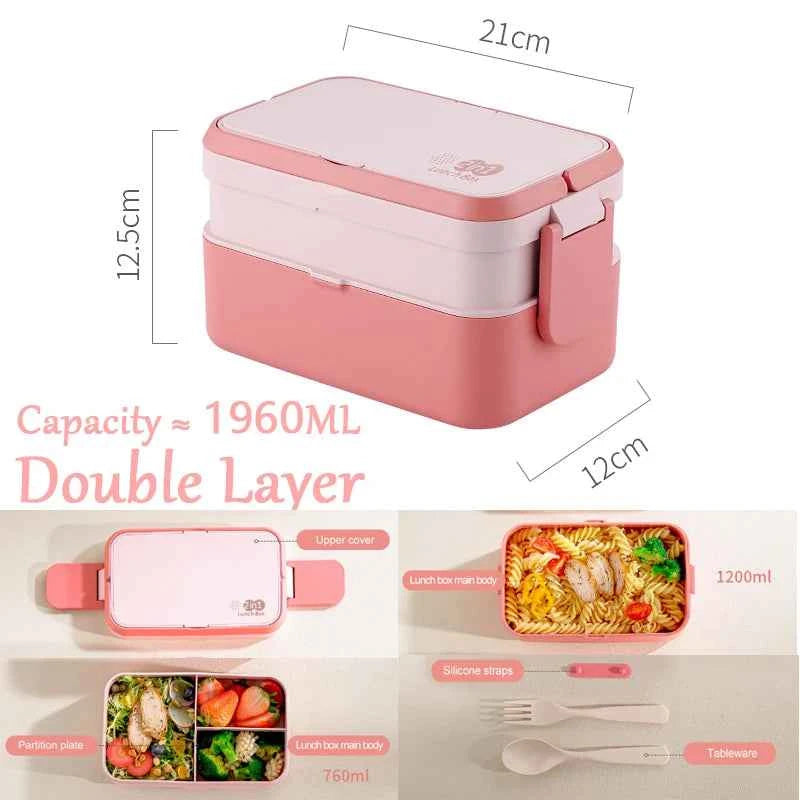 Portable Lunch Box Bamboo Fiber 3in1 Double Layer Bento BOX Microwave Spoon Fork Women Girl School Kids Picnic Bento Box