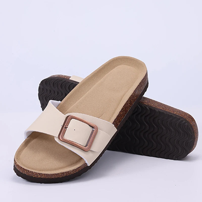 Crestar Women's Summer Cork Slippers 2025 – Leather Orthopedic Sandals with Adjustable Buckle