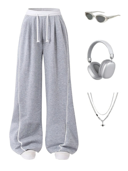 Kids Girls Contrast Line Drawstring Waist Baggy Wide Leg Heather Gray Casual Sport Sweatpants