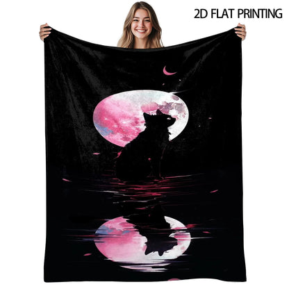 Black Cat Lunar Eclipse Flannel Blanket, All Season