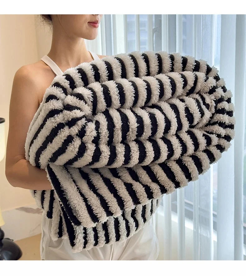 Imitation Rabbit Plush Striped Blanket Fluffy Soft Fleece Throw Blanket for Sofa Single Double Spring Autumn Warm Bed Blankets