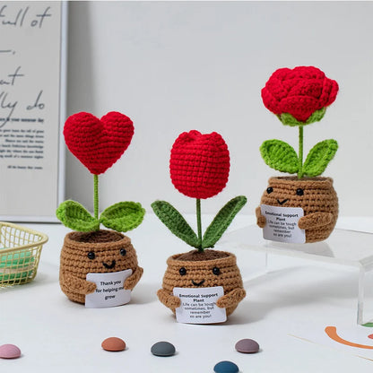 Crochet Flower Artificial Tulip Potted Finished Hand Woven Plants Knitted Sunflower Wedding Gift for Guests Home Decoration