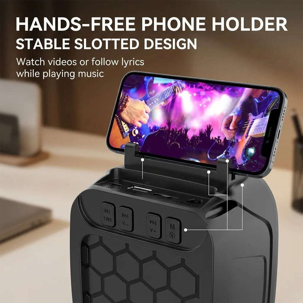 Portable Bluetooth Speaker – RGB LED, Heavy Bass, Phone Holder, FM Radio, TF Card & USB