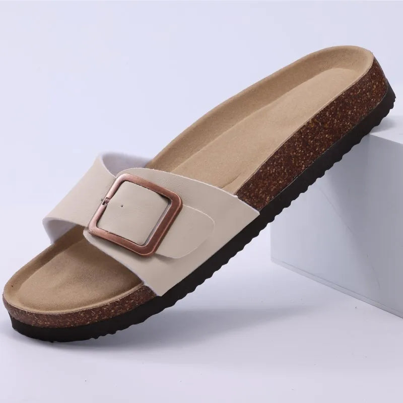 Crestar Women's Summer Cork Slippers 2025 – Leather Orthopedic Sandals with Adjustable Buckle