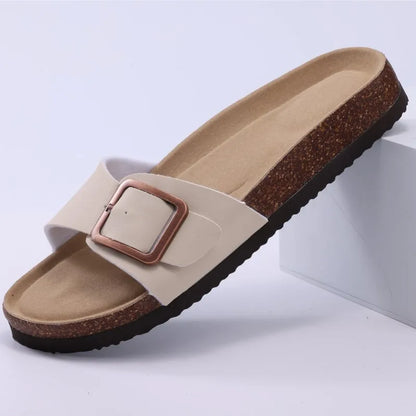 Crestar Women's Summer Cork Slippers 2025 – Leather Orthopedic Sandals with Adjustable Buckle