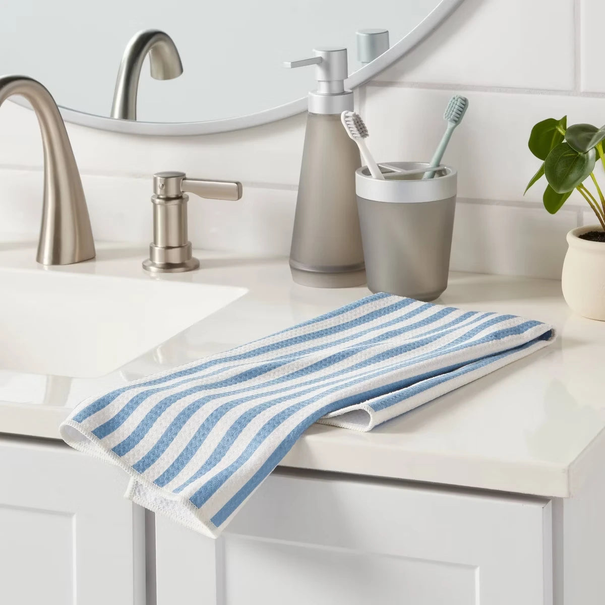 1PC Blue Quick Dry Striped Waffle Hand Towel - Absorbent Kitchen Towel for Fast Drying