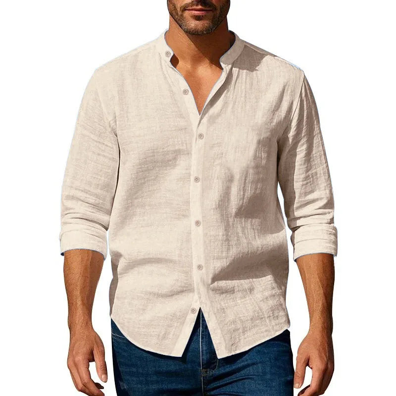 Men's Cotton Linen Henley Neck Slim Fit Shirt — Solid Color Breathable Long Sleeve Button Up
