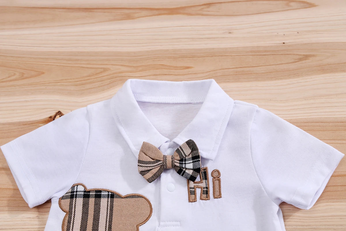 Plaid Bear Print Bodysuit & Suspender Trousers Set