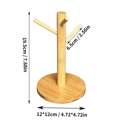 Mug Tree Holder - Bamboo Coffee Cup Rack with 3/6 Hooks, Non-Slip Kitchen Organizer for Counter, Perfect for Home & Cafe Decor