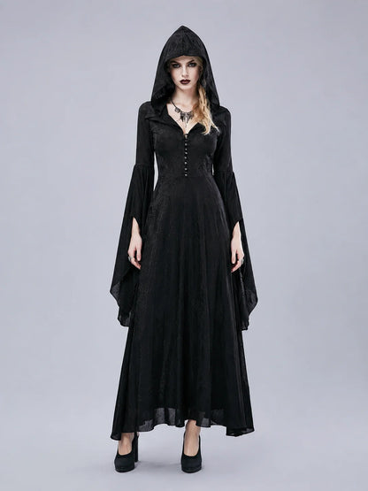 Women Gothic Witch Hooded Maxi Dress Bell Long Sleeve Jacquard Mesh V‑Neck Button Front Floor‑Length Gown Halloween Cosplay Costume for Party Carnival