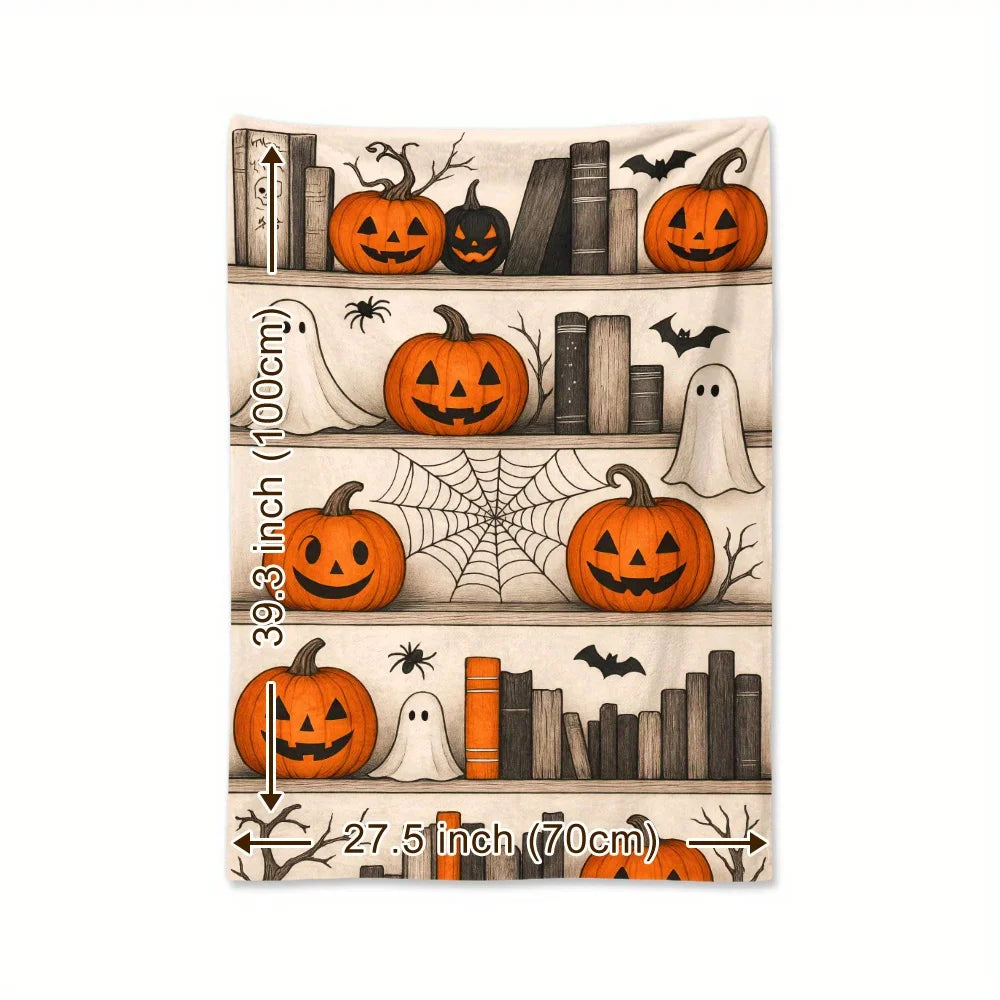 Halloween Blanket - Cute Cartoon Ghost, Magic Bookshelf, Spider Web, Bat, Pumpkin Designs - Soft And Warm Flannel Throw Blanket, Suitable for Camping, Travel, Car, And Home Decoration - A Warm Holiday Gift for Friends, Family