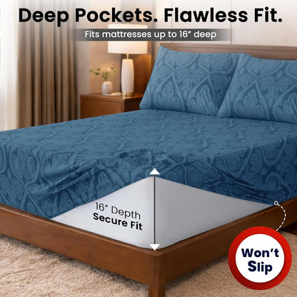 Queen Sheet Set 6 Piece, Paisley Floral Pattern Microfiber Bed Sheets with 16" Deep Pocket, Wrinkle-Free Breathable Bedding