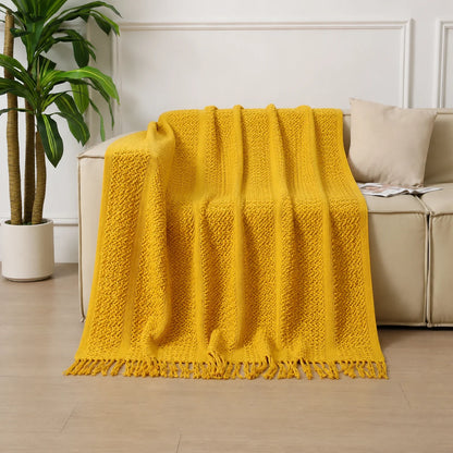 Dark Green Geometric Bobble Textured Knit Throw Blanket with Tassel Fringe, Soft Knitted Decorative Blanket, Lightweight Cozy Cover for Couch Sofa Bed, Boho Farmhouse Home Decor for Living Room Bedroom