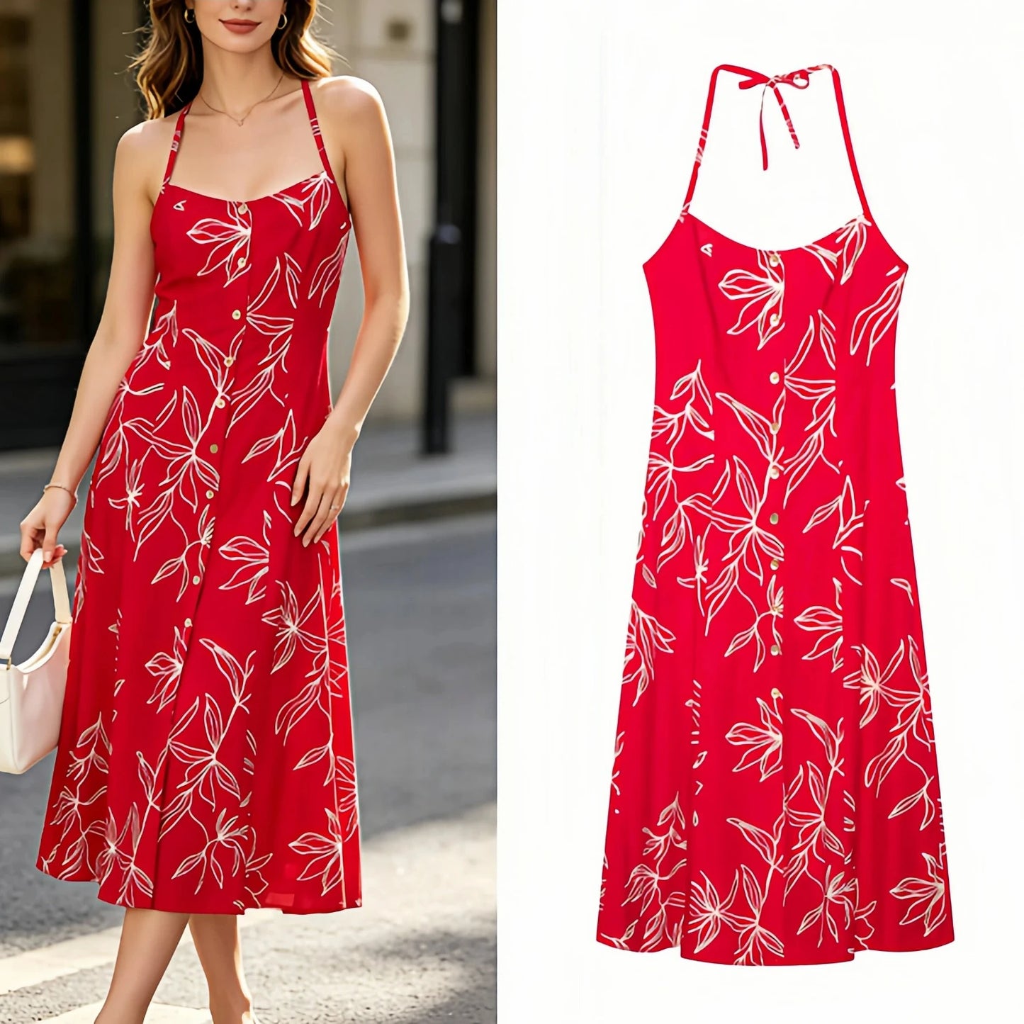 Women's Red Floral Print Halter Neck Maxi Dress – Sleeveless A-Line Cotton Casual Summer Dress