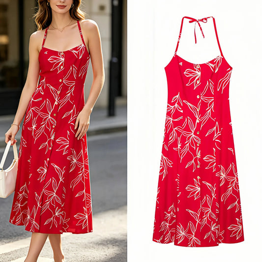 Women's Red Floral Print Halter Neck Maxi Dress – Sleeveless A-Line Cotton Casual Summer Dress