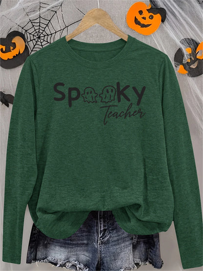Women's Spooky Teacher Long Sleeve Crew Neck T-Shirt with Ghost Print, Cute Soft Horror Funny Halloween Gift, Casual Athletic Vacation Top