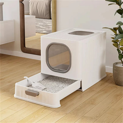 Enclosed Cat Litter Box with Pull Drawer & Scoop — Anti-Splash Kitten Training Toilet