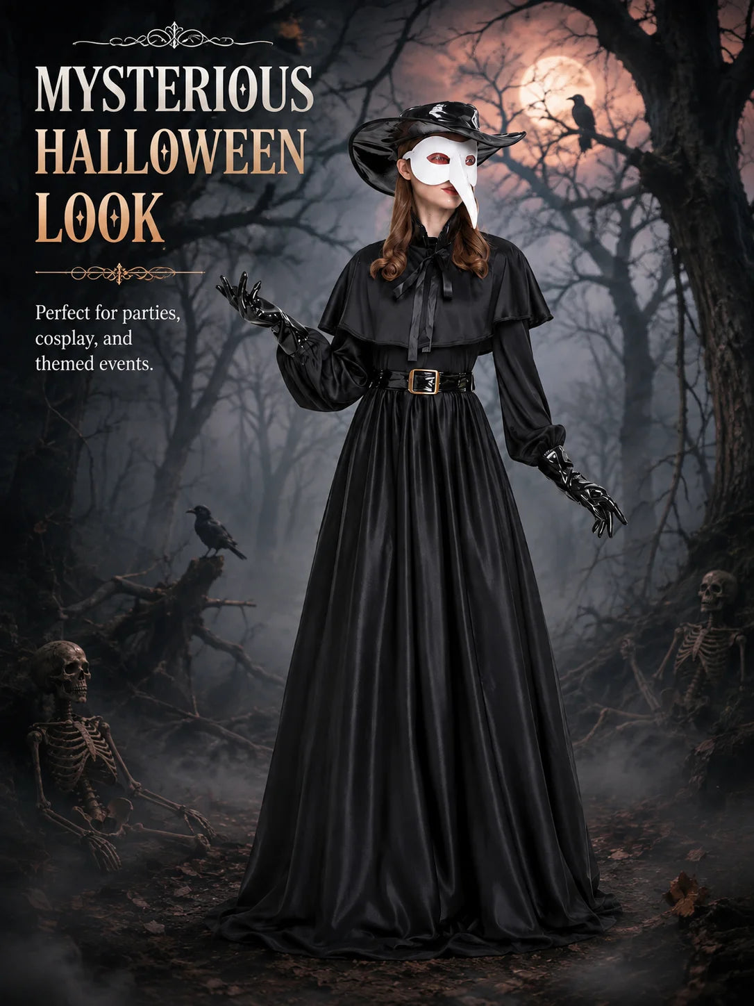 Women Plague Doctor Costume Set Medieval Gothic Long Dress with Cape Belt Hat Gloves Bird Beak Mask Steampunk Halloween Cosplay Outfit for Carnival Party