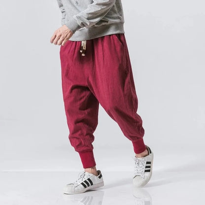Men's Cotton Linen Harem Pants — Baggy Drop-Crotch Streetwear Joggers