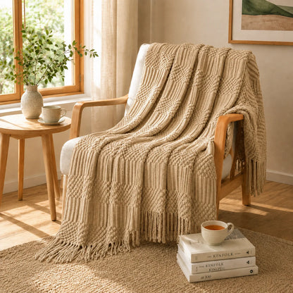 Sage Green Mixed Bobble Diamond Textured Knit Throw Blanket with Tassel Fringe, Soft Knitted Decorative Blanket, Lightweight Cozy Cover for Couch Sofa Bed, Boho Farmhouse Home Decor for Living Room Bedroom
