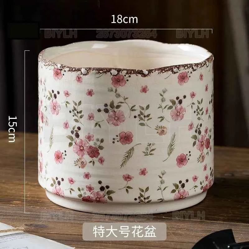 Retro Ceramic Flower Pot Indoor Home Decor Porous Breathable Flower Vase Pastoral Style Plants Potted Plants Tabletop Ornament