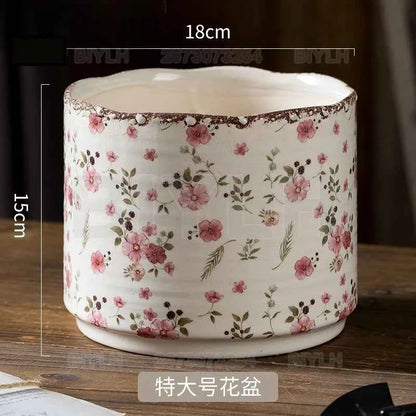 Retro Ceramic Flower Pot Indoor Home Decor Porous Breathable Flower Vase Pastoral Style Plants Potted Plants Tabletop Ornament