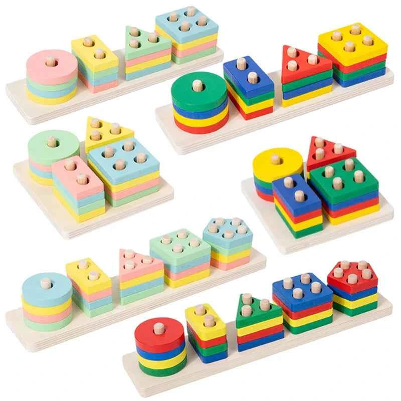 Montessori Toy Wooden Building Blocks Early Learning Educational Toys Color Shape Match Kids Puzzle Toys For Children Boys Girls