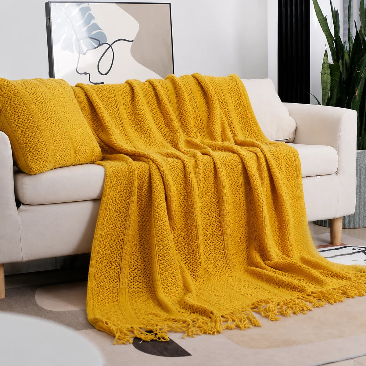 Beige Openwork Textured Knit Throw Blanket with Tassel Fringe, Soft Knitted Decorative Blanket, Lightweight Cozy Cover for Couch Sofa Bed, Boho Farmhouse Home Decor for Living Room Bedroom