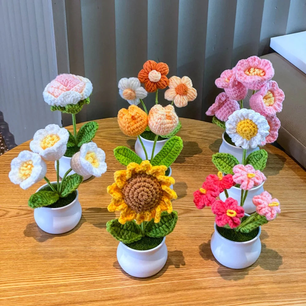 DIY Handwoven Mini Potted Flower Rose Office Desktop Ornamental Potted Plants Woolen Thread Finished Product Home Decoration