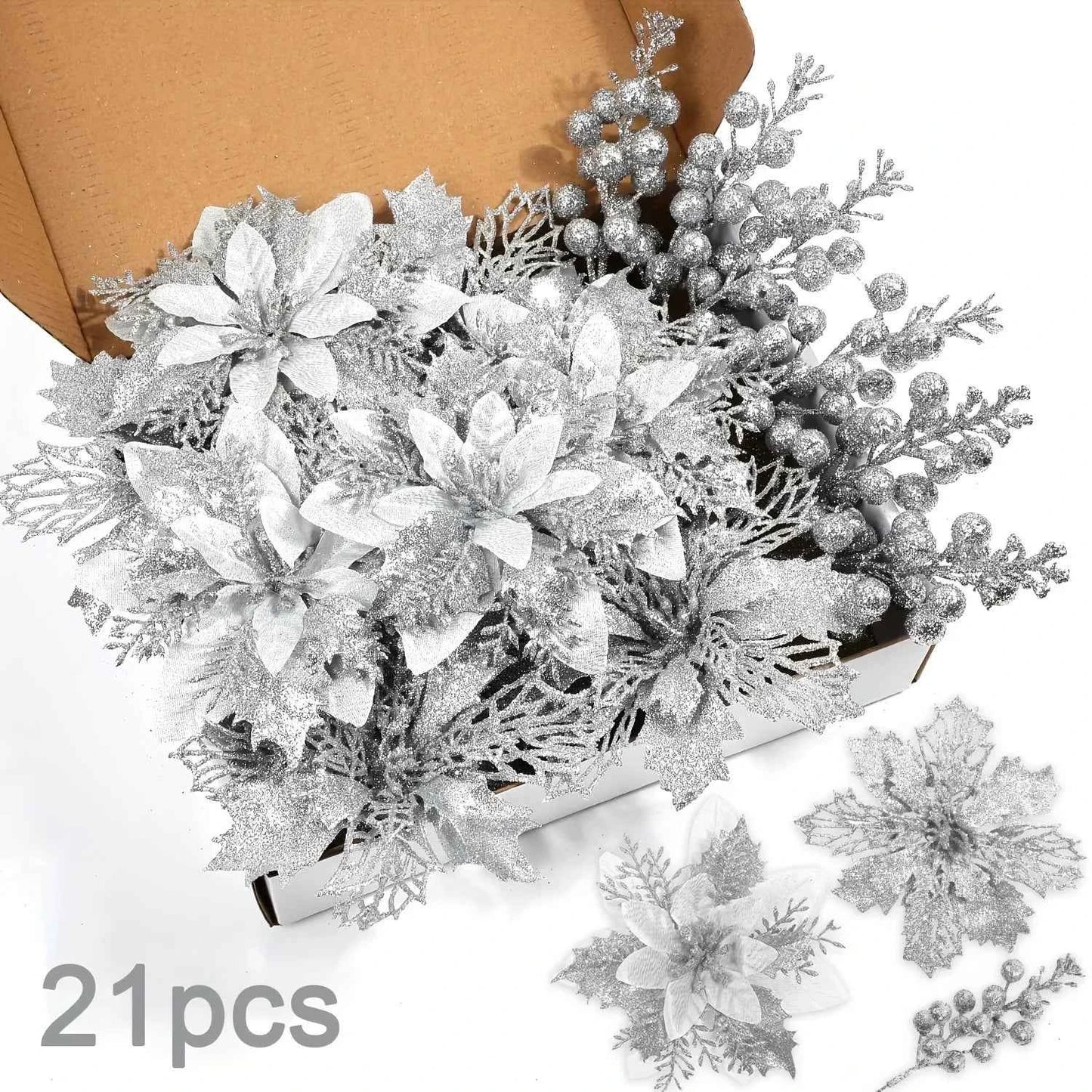 21Pcs Artificial Flowers Berry Bouquet Christmas Decoration Vase for Home Room Decor Fake Flowers Garland Ornament Accessories