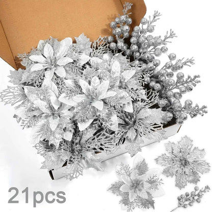 21Pcs Artificial Flowers Berry Bouquet Christmas Decoration Vase for Home Room Decor Fake Flowers Garland Ornament Accessories