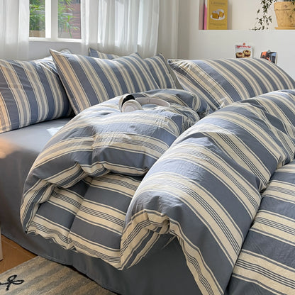 3/4 Pcs Blue Checkered Bedding Set Simple Style Soft Skin Friendly Duvet Cover Flat Sheet and Pillowcases Single Double Bed Sets