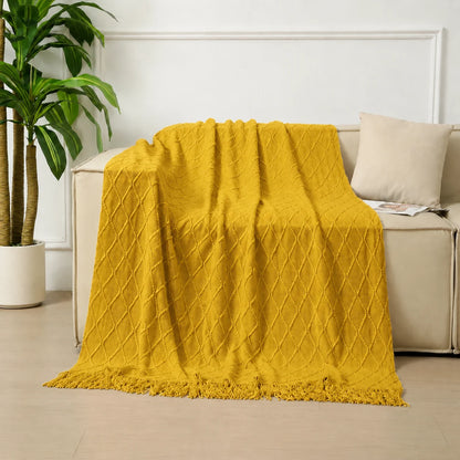 Dark Green Geometric Bobble Textured Knit Throw Blanket with Tassel Fringe, Soft Knitted Decorative Blanket, Lightweight Cozy Cover for Couch Sofa Bed, Boho Farmhouse Home Decor for Living Room Bedroom