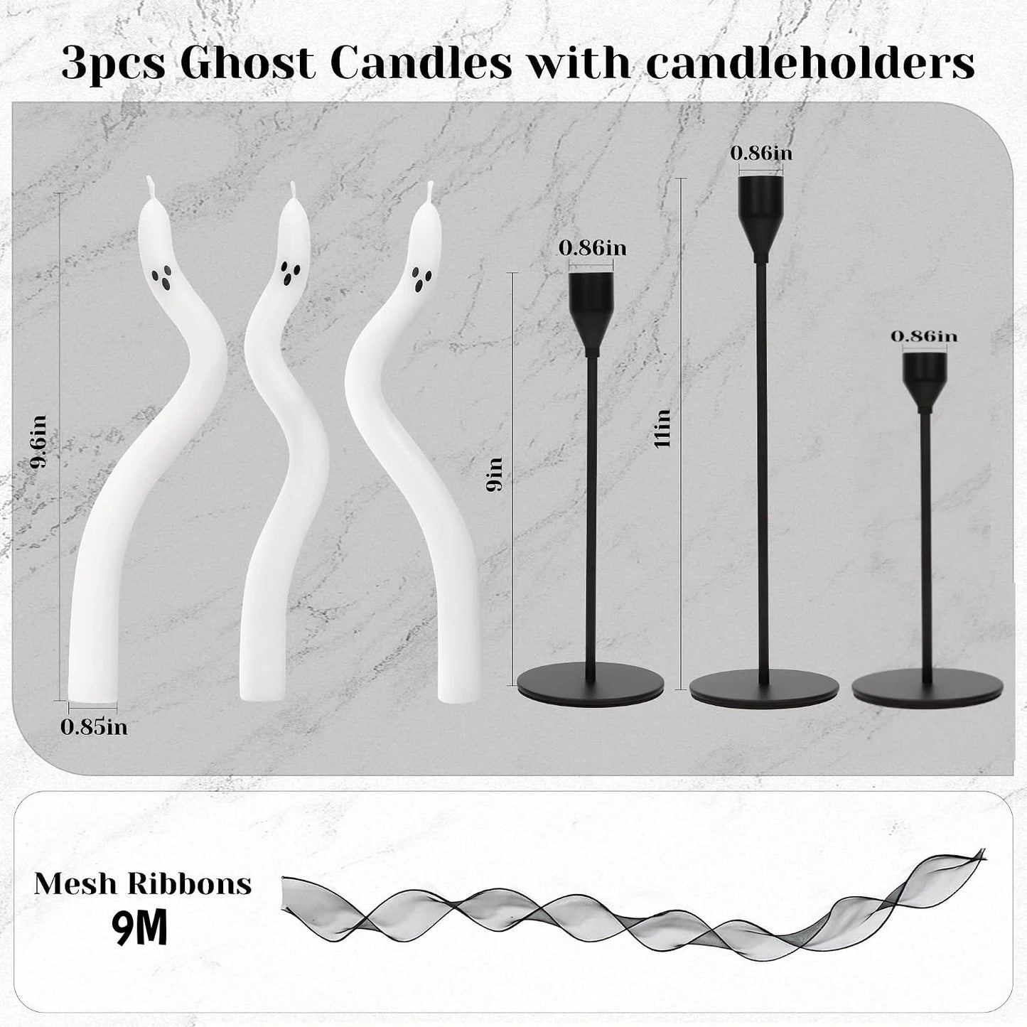 3-6Pcs Twisting Ghost Candles with Candle Holders Ribbons Candlestick Holders Halloween centerpieces Party Table Fireplace Decor