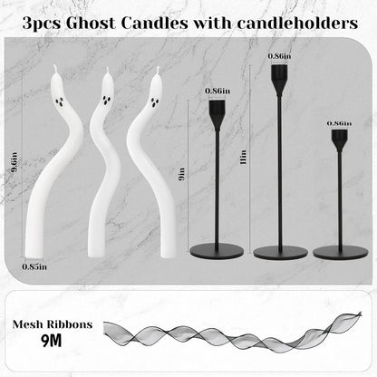 3-6Pcs Twisting Ghost Candles with Candle Holders Ribbons Candlestick Holders Halloween centerpieces Party Table Fireplace Decor