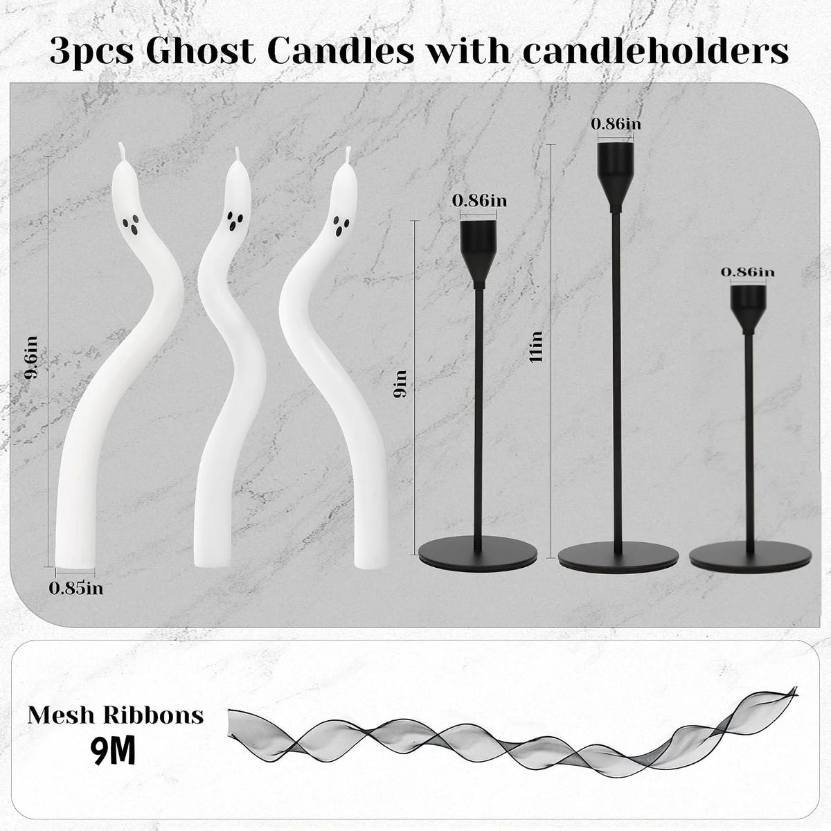 3-6Pcs Twisting Ghost Candles with Candle Holders Ribbons Candlestick Holders Halloween centerpieces Party Table Fireplace Decor