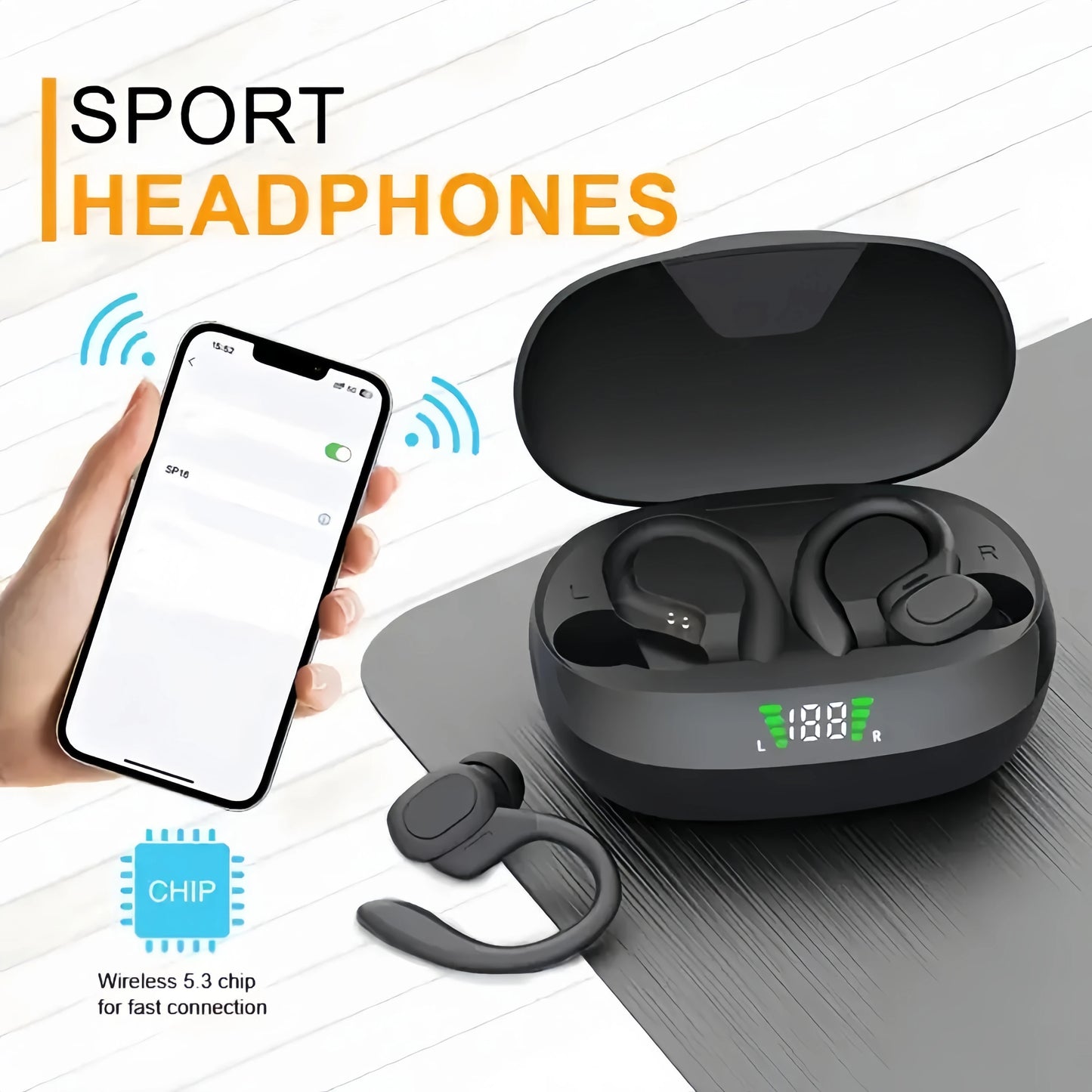 True Wireless Earbuds – Ear Clip Sport Design, Stereo Sound, Mic & LED Display