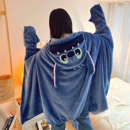 Comfortable Stitch Hooded Blanket Cartoon Anime Thickened Cloak Flannel Nap Sleeping Indoor Warm Stitch Blanket Gifts Girl