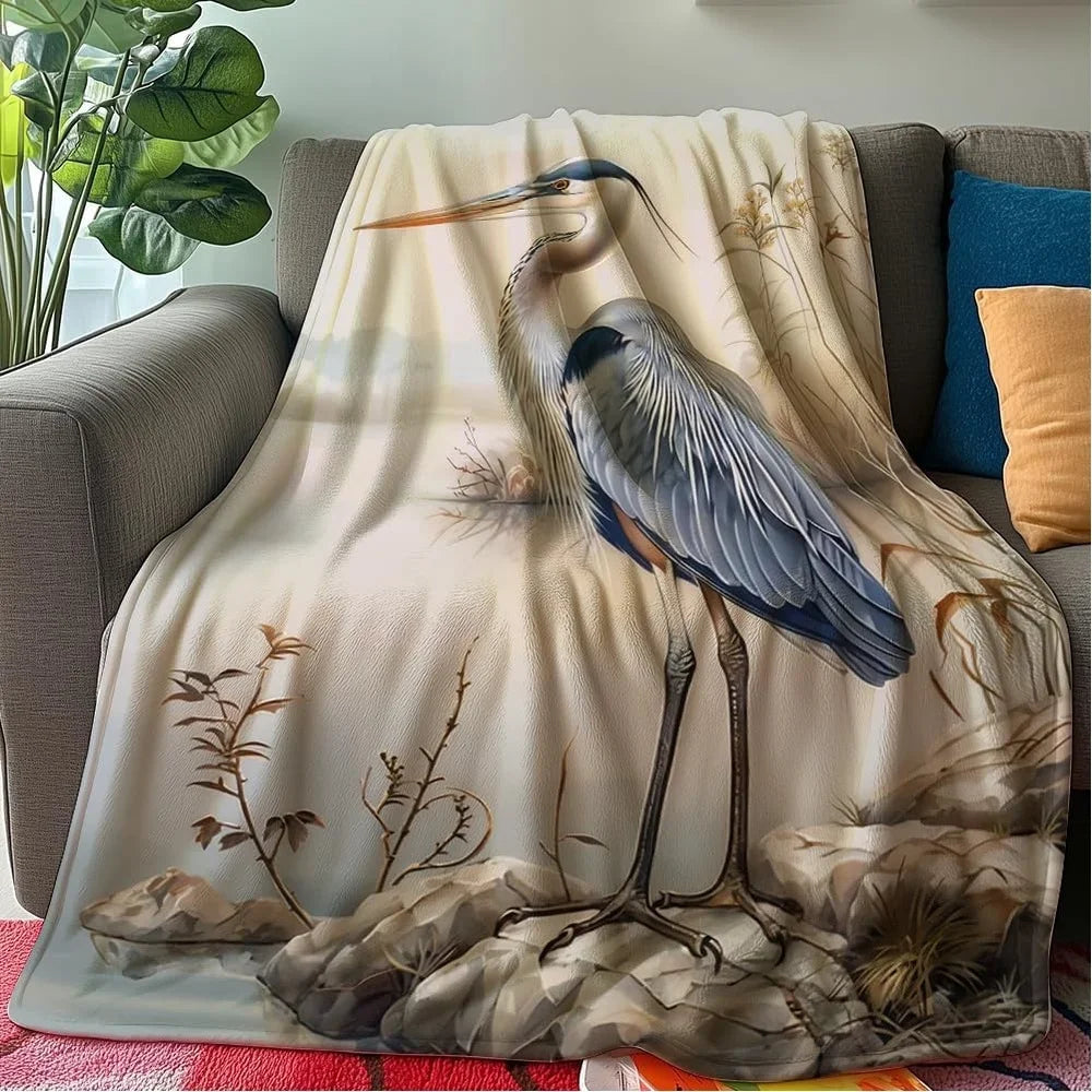 Extra Large 60"x80" Blue Heron Bird Print Flannel Throw Blanket - Soft Warm All-Season Luxury Bedspread with White Heron & Herons in Flight Design, Beige & Blue Nature Theme for Bed, Sofa, Couch - Machine Washable for Adults,