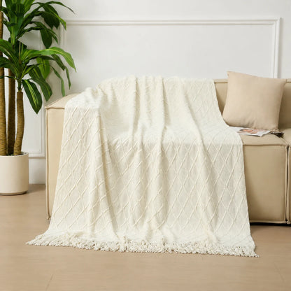 Dark Green Geometric Bobble Textured Knit Throw Blanket with Tassel Fringe, Soft Knitted Decorative Blanket, Lightweight Cozy Cover for Couch Sofa Bed, Boho Farmhouse Home Decor for Living Room Bedroom