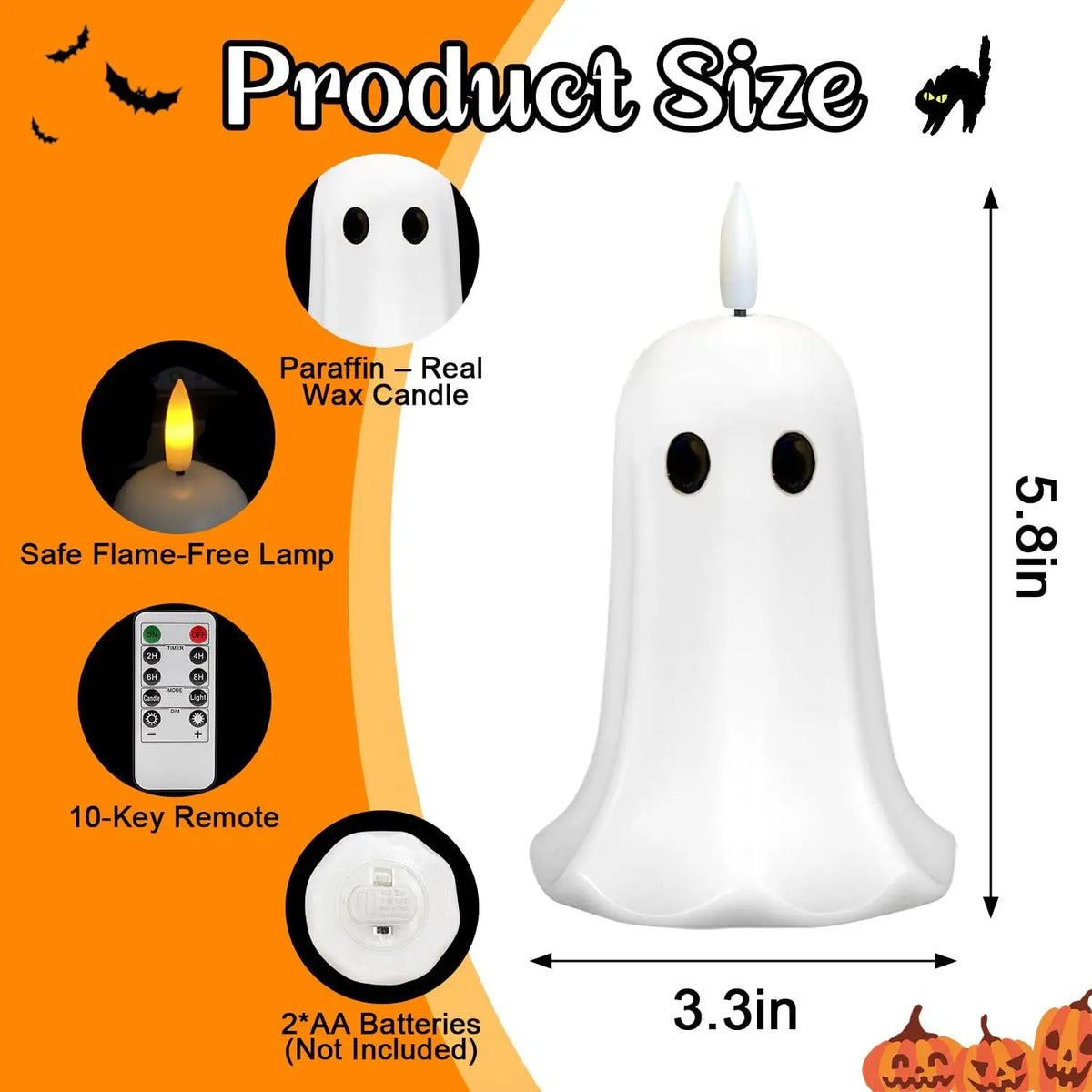 Halloween Ghost Flameless Candle with Timer – LED Candle with Flickering Flame, Real Wax, Remote Control, Spooky Halloween Decor