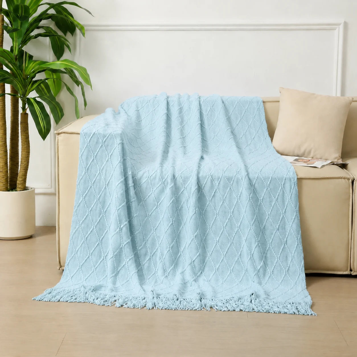Dark Green Geometric Bobble Textured Knit Throw Blanket with Tassel Fringe, Soft Knitted Decorative Blanket, Lightweight Cozy Cover for Couch Sofa Bed, Boho Farmhouse Home Decor for Living Room Bedroom