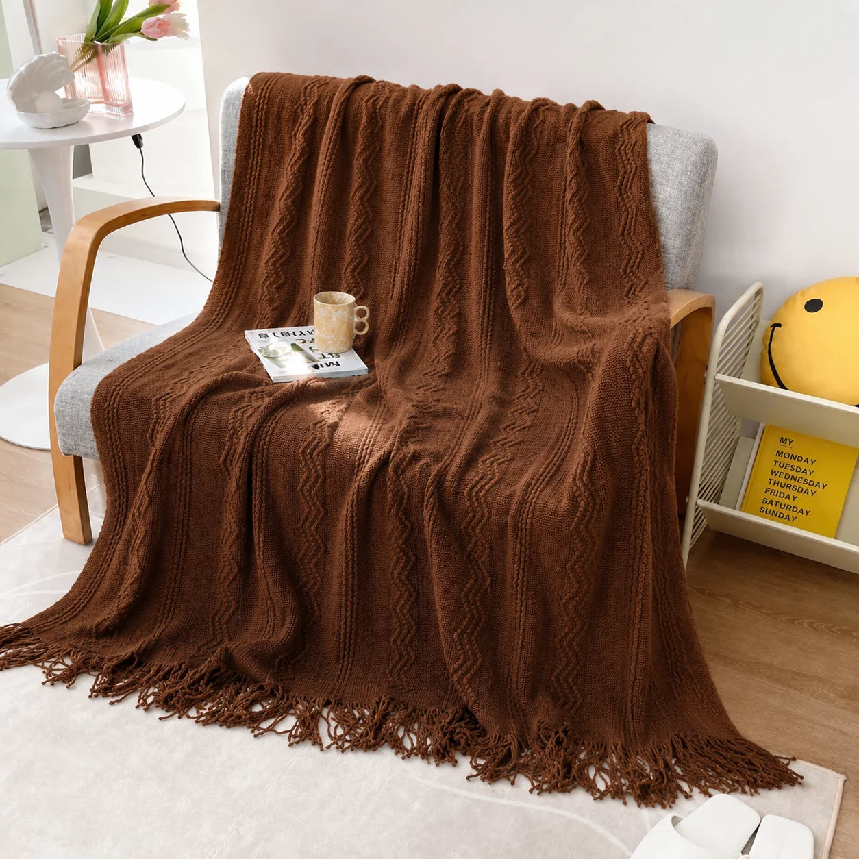 Sage Green Diamond Knit Throw Blanket with Tassels