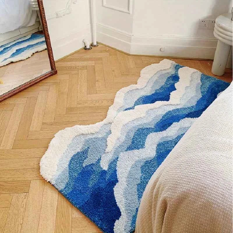 Blue Sea Wave Flocking Rug Bedroom Rug Corridor Area Floor Pad Mat Doormat Aesthetic Home Decor
