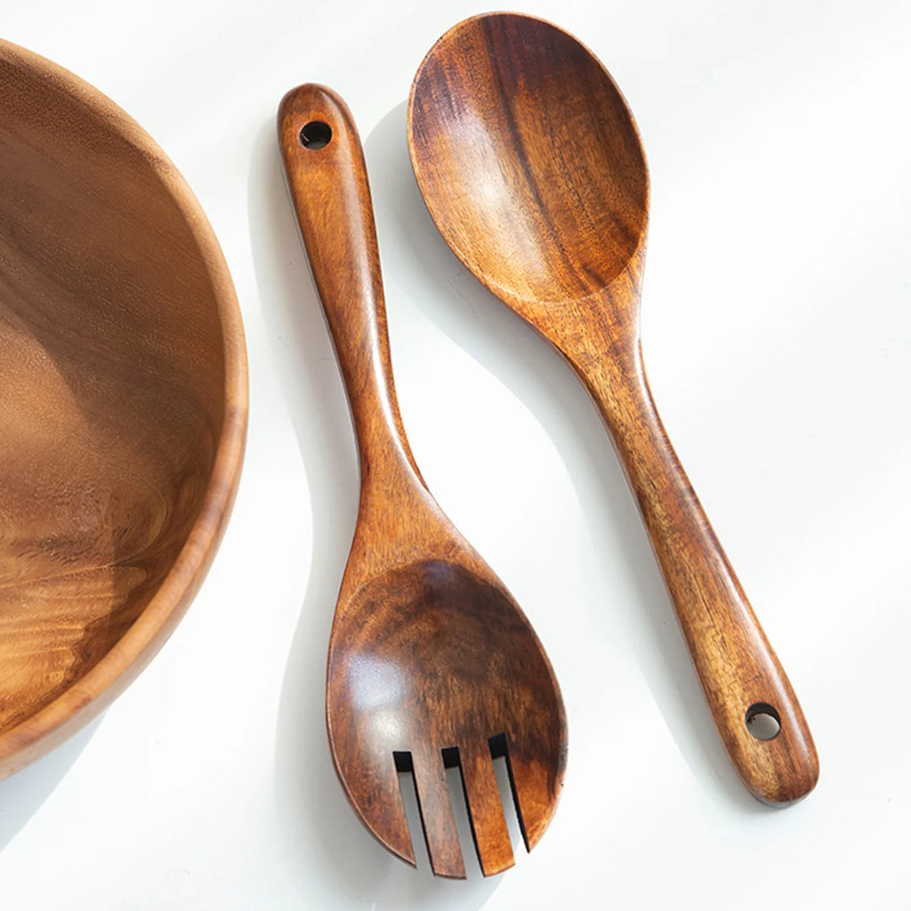 2Pcs Wooden Salad Servers Spoon Fork Set Long Handle Large Dinner Serving Cooking Untensils Cutlery Kitchen Tableware