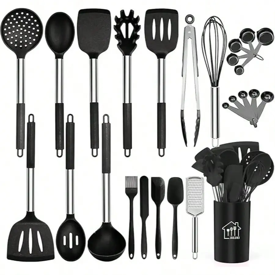 26-Piece Silicone Cooking Utensil Set with Stainless Steel Handles, Holder and Grater