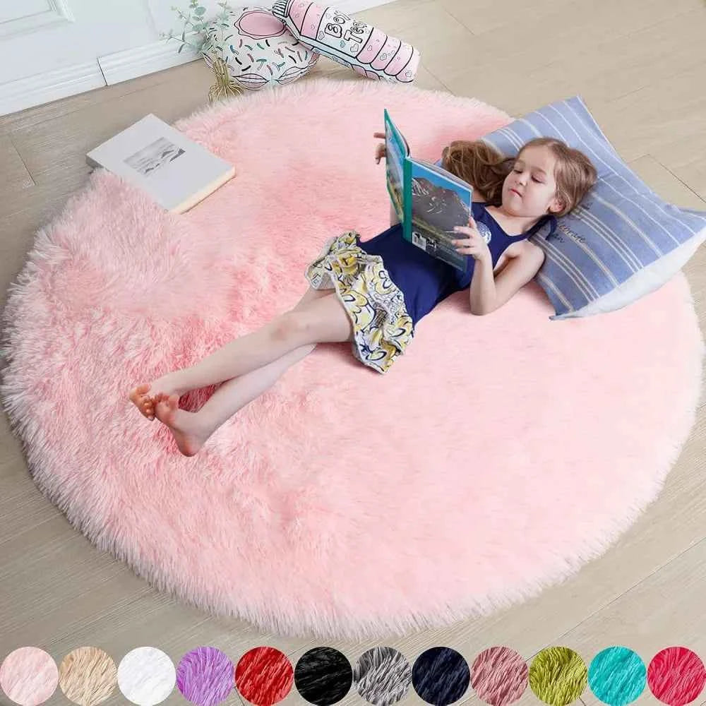 VIKAMA Bedroom Living Room Plush Round Carpet Infant Crawling Anti slip Soft Pad Ins Home Decor Pink Carpet