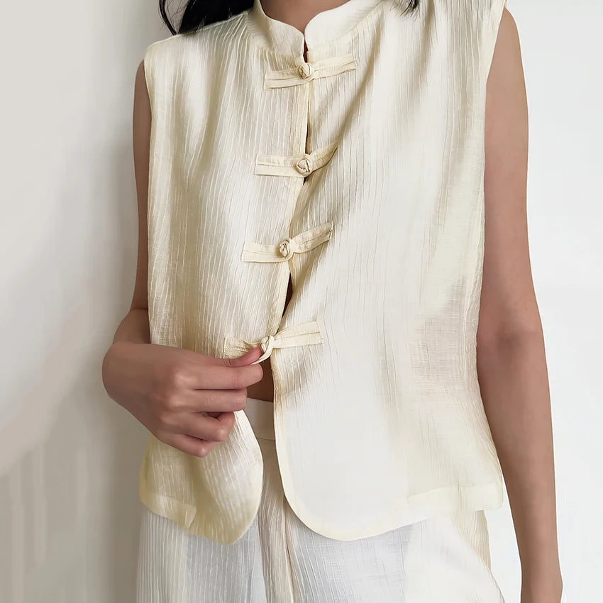 Linad Women's Vintage Chinese Knot Stand Collar Vest — Sleeveless Casual Tank Top